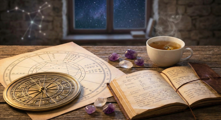 A vintage-style astrology chart, brass zodiac wheel, crystals, and an open notebook with handwritten notes, serving as a visual representation of a daily horoscope guide.