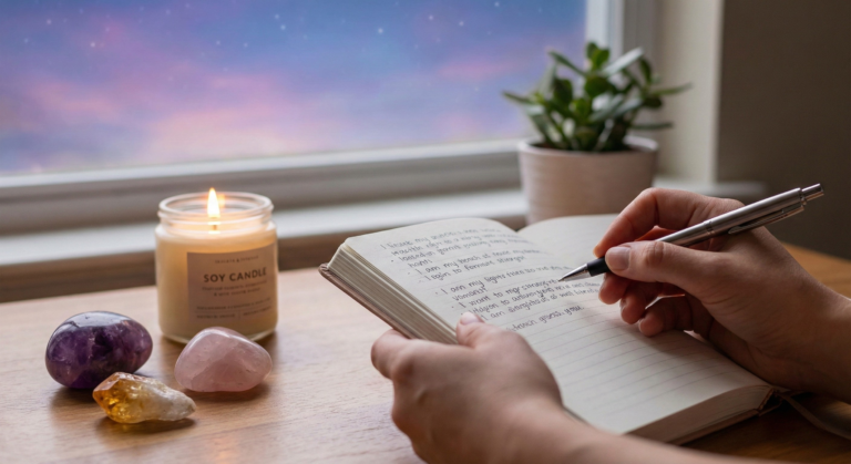 A person writing in a journal with a candle and crystals by a window during a manifestation guide session.