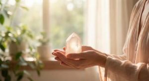 A person's hands gently holding a glowing clear quartz crystal in a warm, sunlit room with green plants, representing spiritual healing and mindfulness.