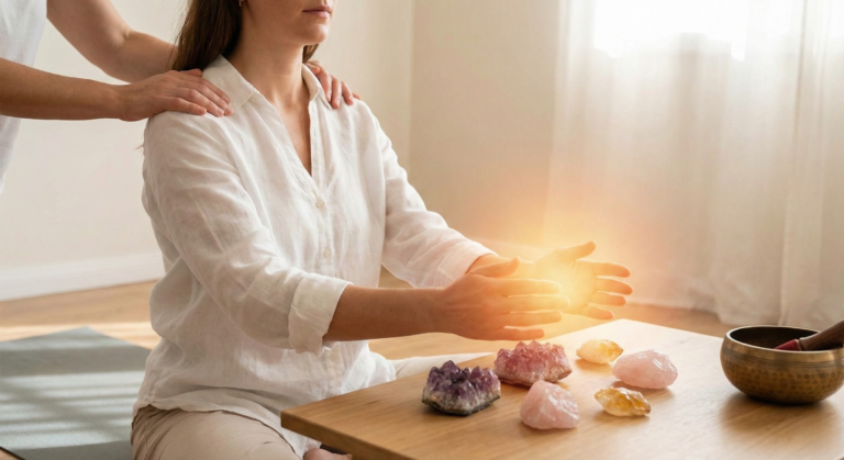 A serene image of a practitioner with glowing hands performing spiritual healing on a client, surrounded by soft light and energy particles.