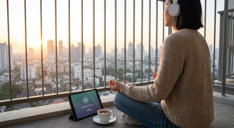A woman meditates on a balcony overlooking a city skyline at sunrise, using a tablet and headphones, symbolizing spiritual growth in the modern world.