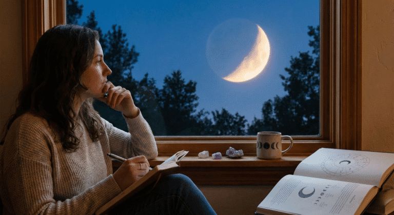 A realistic illustration of a person gazing at a glowing crescent moon, symbolizing the deep moon sign meaning and emotional introspection in astrology.