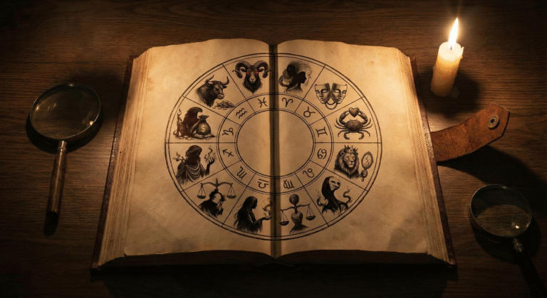 An open, antique leather book illuminated by candlelight, displaying an ancient zodiac wheel with symbolic illustrations representing the darkest secrets of each zodiac sign.