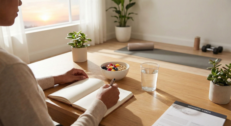 A person writing in a journal at a sunny desk with a healthy breakfast and glass of water, illustrating positive morning motivation habits.