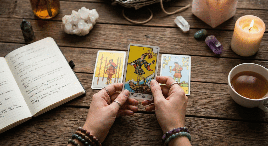 A beginner's hands holding The Fool card during a practice session on how to read tarot cards, complete with a journal for notes and crystals on a wooden table.