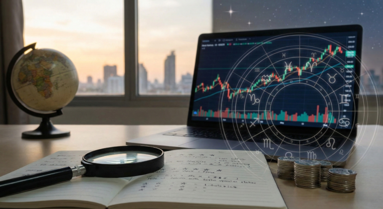 Laptop screen showing financial stock charts overlaid with a zodiac wheel, next to stacked coins and a notebook, illustrating the connection between astrology and money in trading.