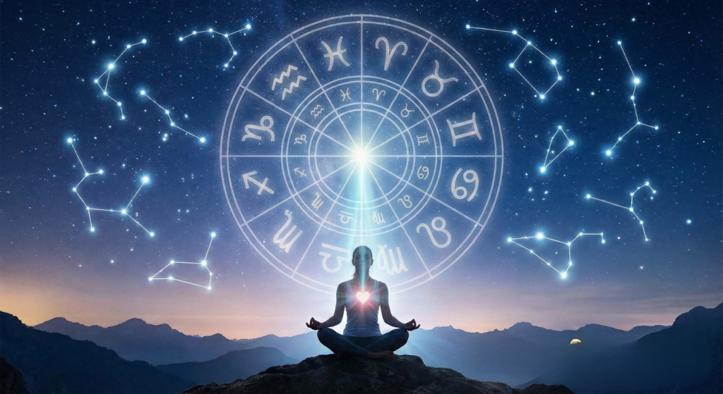 A mystical illustration representing the deep connection between astrology and spirituality, featuring cosmic symbols and a serene atmosphere to symbolize the union of the cosmos and consciousness.