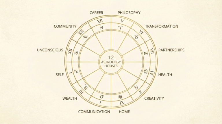 The 12 houses of astrology mapped out on a golden birth chart wheel, showing the core meaning and focus areas for each astrological sector.