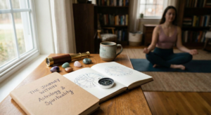 An open journal with astrological charts titled "THE JOURNEY WITHIN: Astrology & Spirituality" rests on a wooden table alongside crystals, a compass, and a telescope, while a person meditates in a cozy, sunlit background setting.