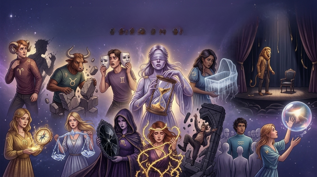 A dramatic illustration revealing the biggest fear of each zodiac sign, showing all 12 astrological figures confronting their psychological shadows beneath a cosmic night sky.