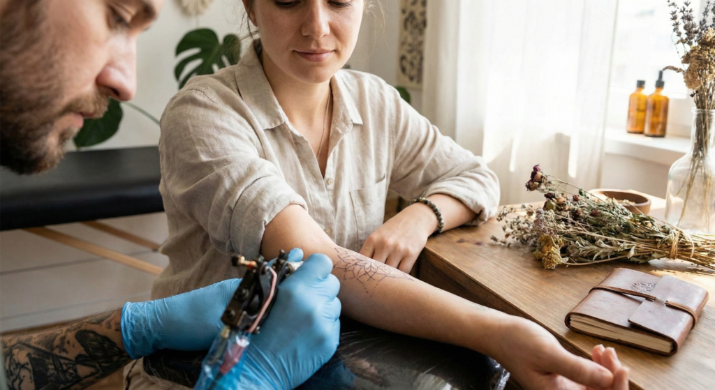 A tattoo artist mindfully inking a geometric design onto a client's forearm in a serene, plant-filled studio, illustrating the process of receiving sacred body art connected to the spiritual meaning of tattoos.