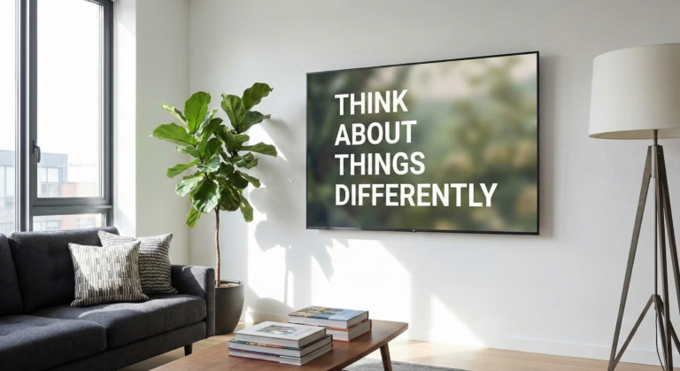 A close-up photograph of a television screen illuminated in a cozy living room, displaying one of many daily motivational quotes: "THE ONLY WAY TO DO GREAT WORK IS TO LOVE WHAT YOU DO.
