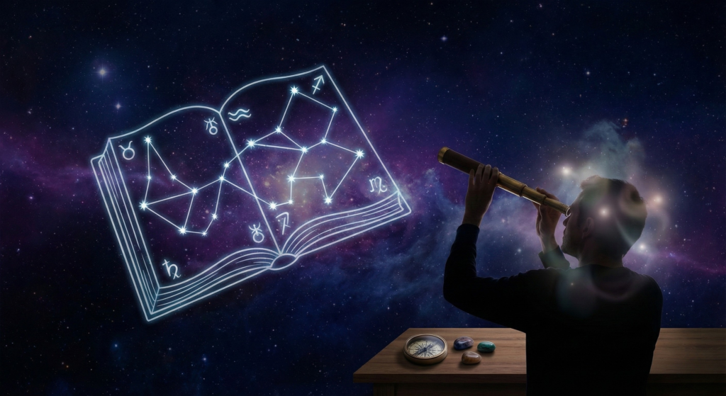A man using a telescope to look at a glowing book of constellations and symbols in the night sky, illustrating the concept of decoding cosmic signs.