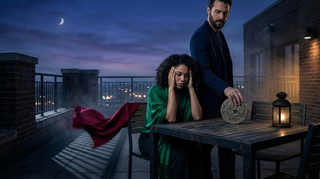 A distressed woman sits at a rooftop table at night with her head in her hands while a man holding an astrological device stands beside her, illustrating the emotional toll of dating toxic zodiac signs.