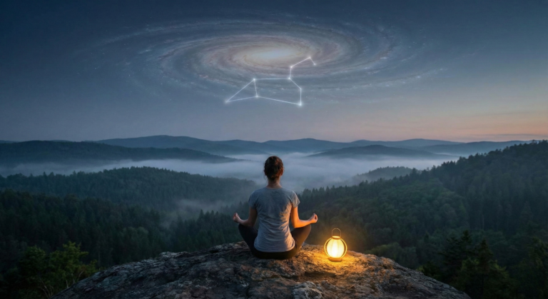 A person in a meditative pose on a mountain top at night, looking at a galaxy with a constellation highlighted, illustrating the journey of finding your cosmic sign in nature.