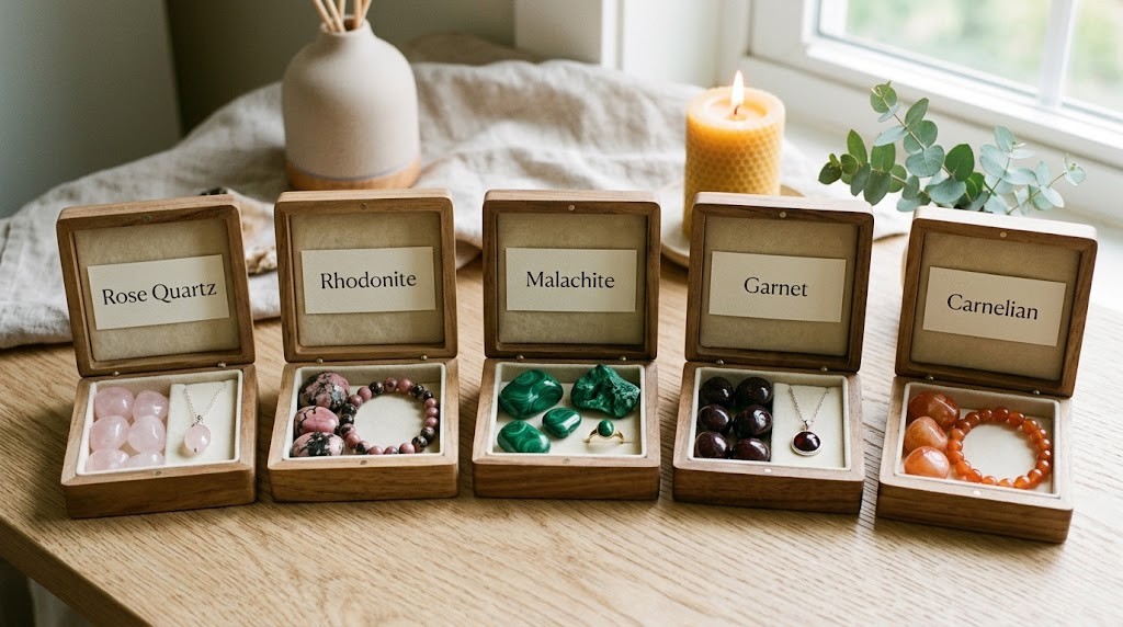 A curated guide on crystals for love featuring five open wooden boxes with labeled cards and corresponding raw and polished stones: Rose Quartz, Rhodonite, Malachite, Garnet, and Carnelian, on a cozy desktop.