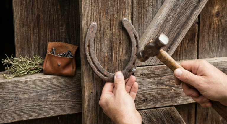 A close-up photograph showing a person's hands using a hammer to nail a rustic iron horseshoe onto a wooden barn door, demonstrating exactly how to hang a horseshoe with the points facing upwards to catch luck.