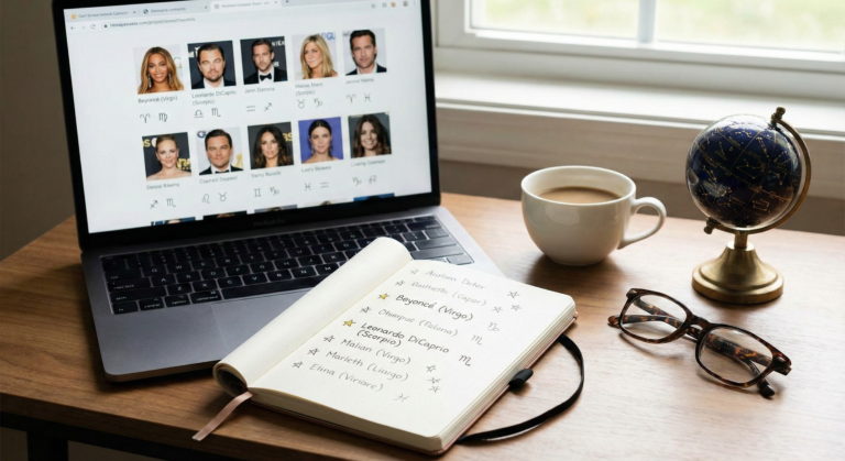 A laptop screen and an open notebook on a wooden desk, both displaying information and lists related to celebrity zodiac signs, including Beyoncé and Leonardo DiCaprio.