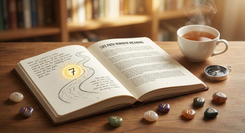 Cozy desk setup featuring an open journal illustrating the life path number meaning with a glowing number 7 on a winding path, surrounded by numbered stones and a compass.