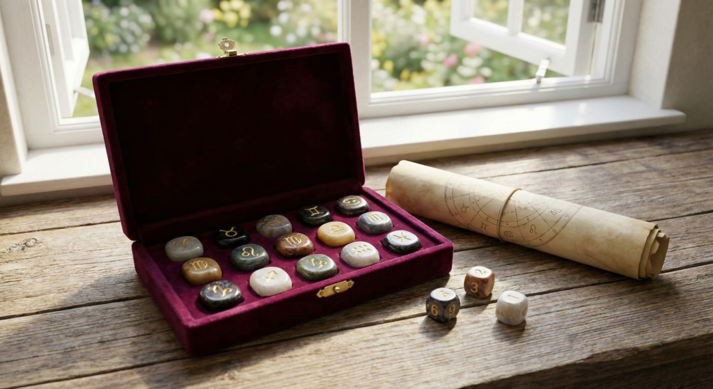 A collection of zodiac-engraved stones in a velvet box next to numbered dice and an astrology scroll, symbolizing lucky numbers for each zodiac sign.