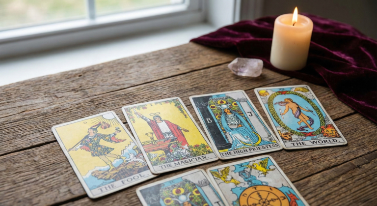A realistic tarot reading setting showing a spread of well-used Major Arcana Tarot Cards on a rustic wooden table next to a lit candle and crystals.