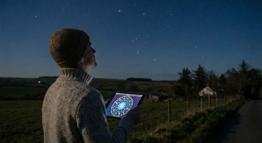 A person wearing a beanie and sweater stands outdoors at night, looking up at a star-filled sky while holding a tablet displaying a zodiac constellation chart.