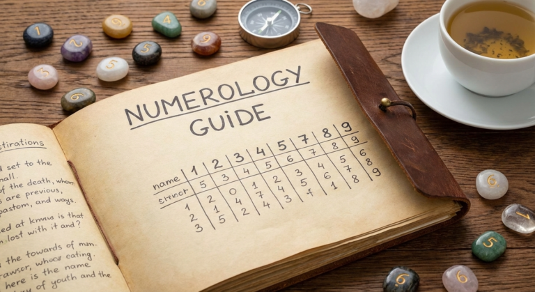 A journal on top of a table showing numerology guide