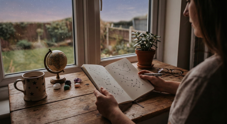 A person sits at a wooden desk by a window at twilight, holding a notebook filled with constellation drawings and writing, exploring zodiac signs personality traits with a globe and crystals nearby.