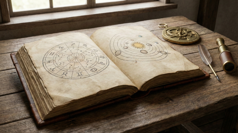 Antique open book on a wooden table displaying a zodiac wheel and a diagram of the planets in astrology, alongside a quill and brass telescope.