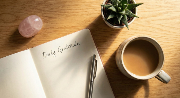 Open daily gratitude journal, pen, coffee, and a crystal on a wooden desk, representing a morning positive thinking routine