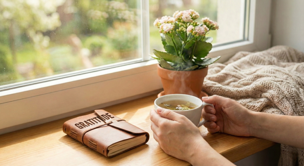 Cozy wooden windowsill featuring a leather notebook labeled Gratitude next to a warm cup of tea, illustrating the power of gratitude in daily life.