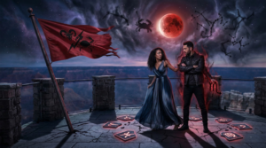 A tense scene on a night viewpoint overlooking a canyon, where a woman confronts a man surrounded by glowing symbols, representing a Scorpio zodiac relationship under a blood moon.
