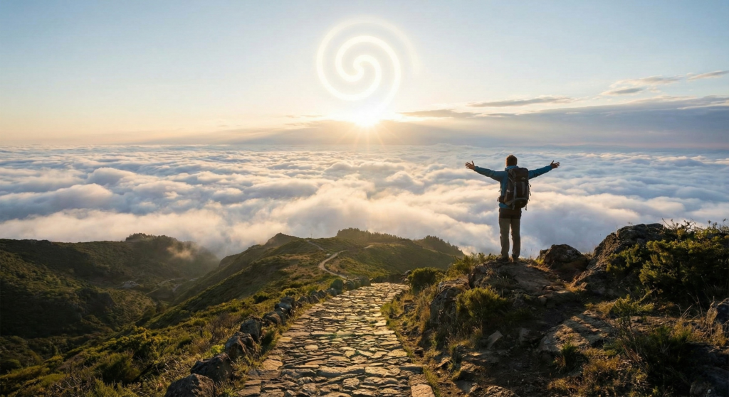 A hiker stands on a mountain peak at sunrise with arms outstretched, overlooking a sea of clouds and a glowing spiral symbol in the sky, representing the journey of spiritual awakening.