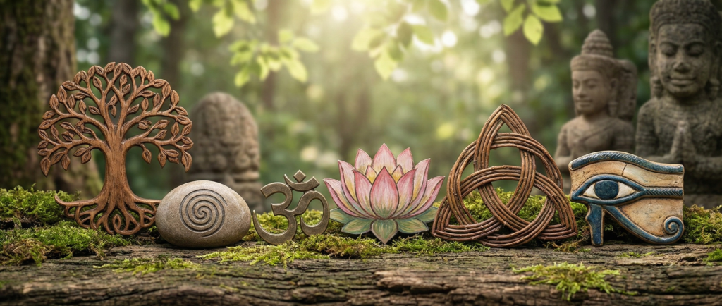 A mossy forest log displaying carved artifacts that illustrate Spiritual Symbols and Their Meanings, featuring the Tree of Life, a stone spiral, the Om symbol, a pink lotus, a Celtic knot, and the Eye of Horus.