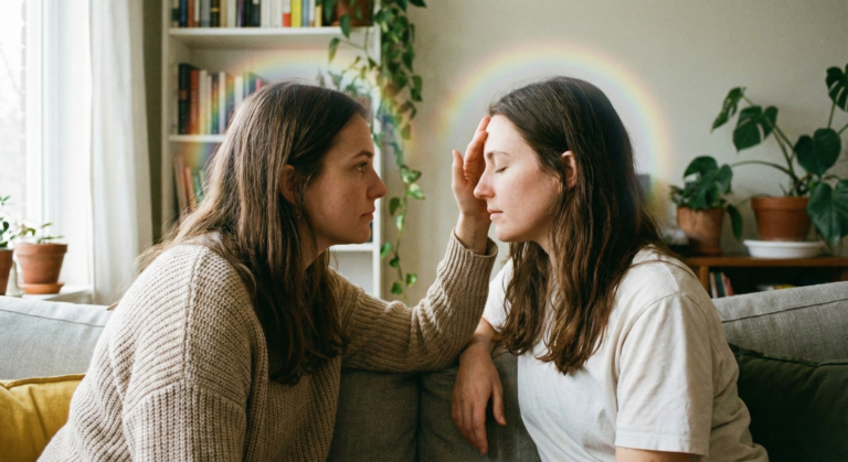 A realistic depiction of two women engaging in deep connection, illustrating zodiac psychic abilities such as telepathy and aura reading in a natural setting.