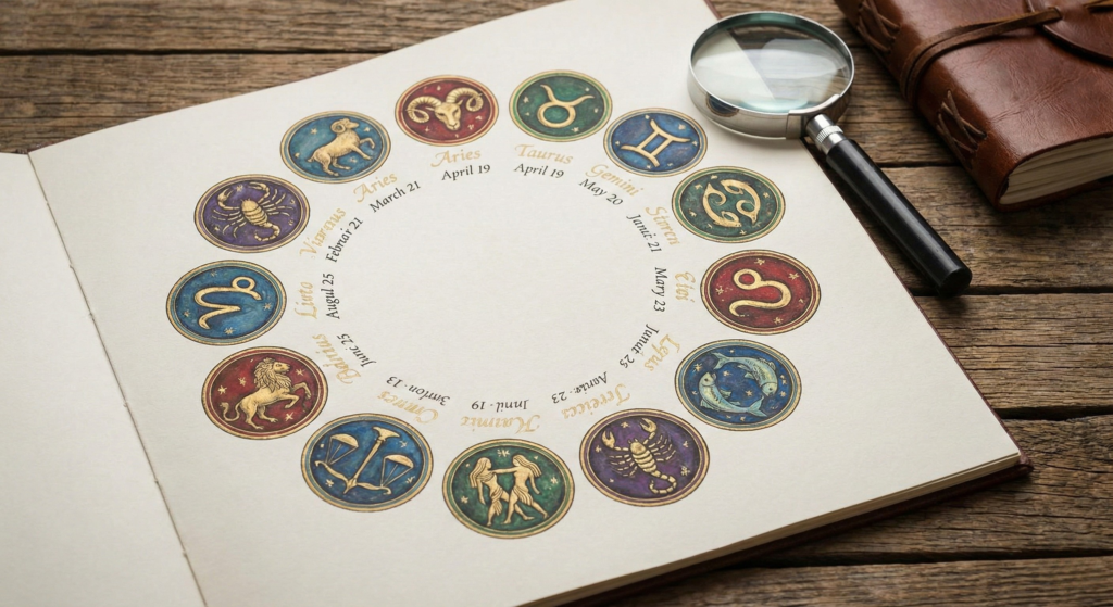 An open antique journal featuring a beautifully illustrated chart that clearly displays the twelve astrological symbols alongside their corresponding zodiac signs dates.