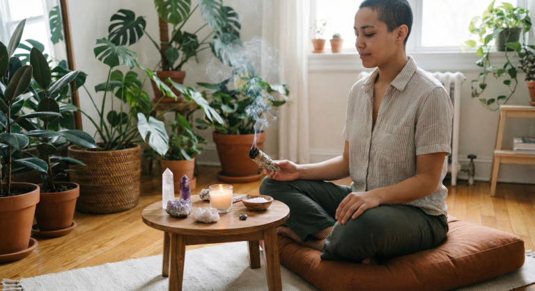 A woman in a meditative pose smudges with sage next to crystals and a candle, performing an energy protection ritual.