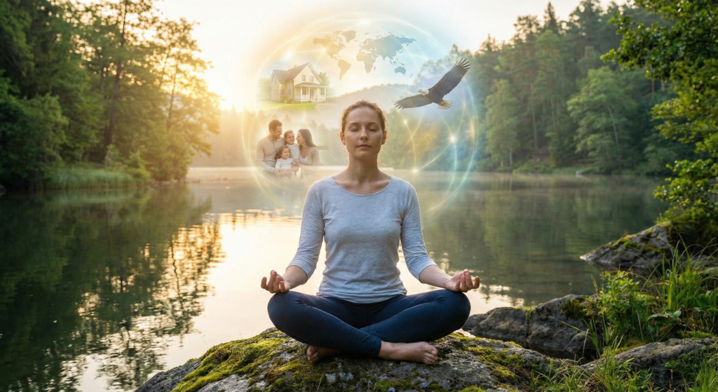 A woman in a meditative pose by a peaceful lake, practicing visualization techniques by manifesting glowing images of her goals, including a home, family, and travel, above her head.