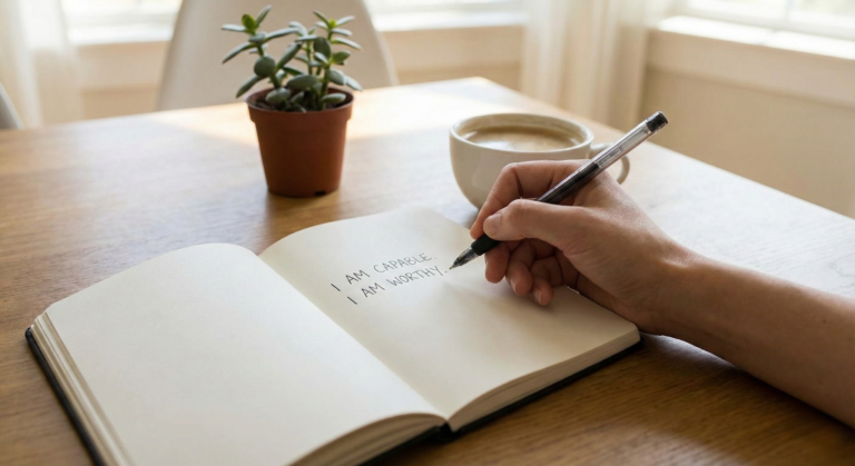Close-up of a hand writing positive affirmations like "I am capable" and "I am worthy" in an open journal on a wooden desk.