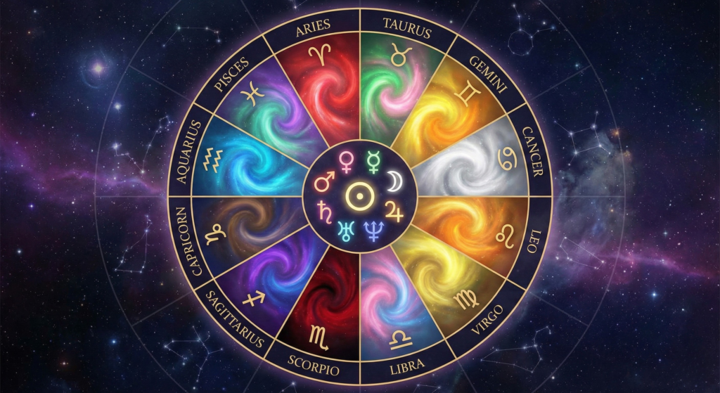 A cosmic zodiac wheel infographic illustrating the associated zodiac colors and planetary symbols for all twelve astrological signs.