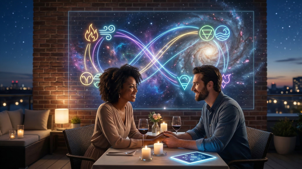 A smiling couple on a romantic candlelit dinner date on a night-time balcony. Behind them, a large glowing cosmic display of interwoven zodiac symbols and elements on the brick wall illustrates the principles of connection and zodiac friendship compatibility. They are holding hands over a table with a glowing tablet of astrological symbols.