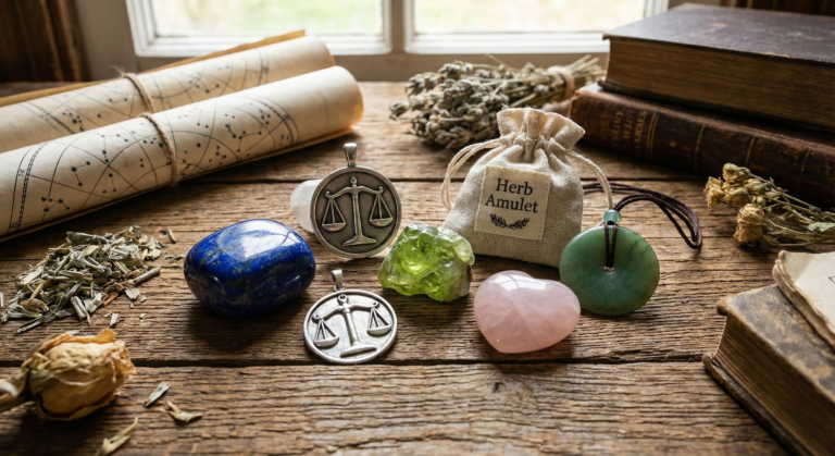 A collection of zodiac lucky charms arranged on a wooden table, featuring Lapis Lazuli, a balance pendant, Peridot, a cloth herb amulet, Rose Quartz, and a Jade pendant.