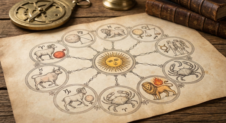 A vintage astrological chart spread on a wooden desk, illustrating the connection between the twelve signs and their zodiac ruling planets, surrounded by celestial instruments.