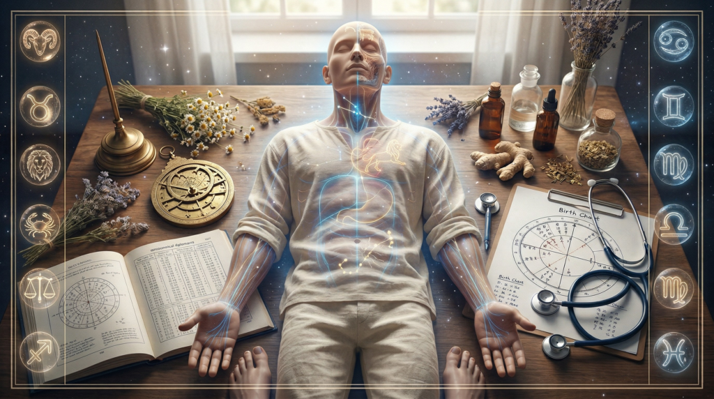 A person lying down with glowing astrological symbols mapped across their body, representing the connection between zodiac signs and health, surrounded by a birth chart, a stethoscope, and holistic herbs on a wooden table.