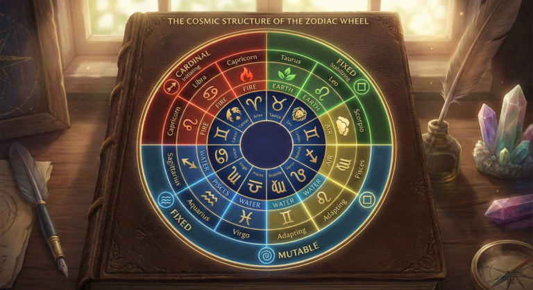 A detailed diagram of the zodiac wheel, illustrating how the twelve signs are categorized by the four elements (fire, earth, air, water) and the three modalities (cardinal, fixed, mutable).