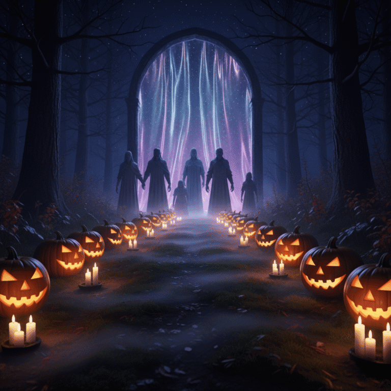 A mysterious path through a dark, bare-branched forest is lit by a double row of glowing jack-o'-lanterns and flickering candles. The path leads to a tall, arched gateway where a shimmering, ethereal veil between worlds glows with purple and blue light. Faint, dark silhouettes of ancestral figures are visible beyond the veil, evoking the spiritual significance of Halloween as a time when boundaries between worlds thin.