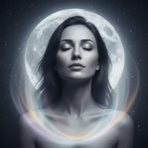 Realistic portrait of a woman in moonlight surrounded by soft glowing aura colors.