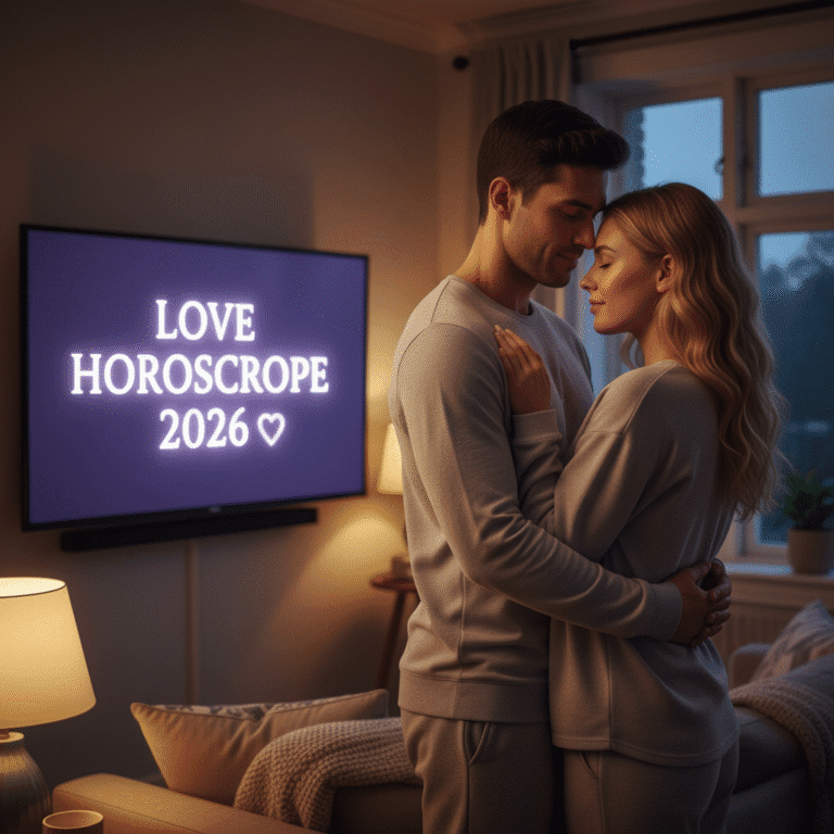 A romantic couple embracing on a couch while watching a TV screen displaying the words **Love Horoscope 2026** and astrological symbols.