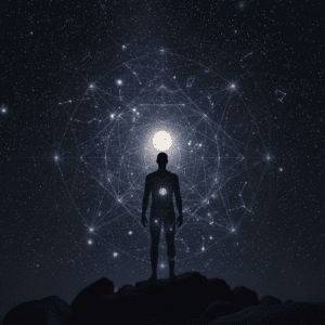 Person looking at the holographic night sky blending with cosmic light patterns.