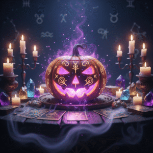 An intricately carved jack-o'-lantern glows with magical purple and gold light, sitting on an old wooden altar surrounded by lit candles, colorful crystals, and scattered tarot cards. Soft mist swirls around the mystical setup, with subtle astrology glyphs faintly glowing in the dark background, highlighting the spiritual significance of Halloween and its mystical traditions.